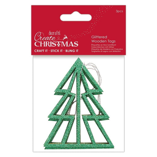 Glittered Wooden Decorations - Green Christmas Tree 3pcs (PMA 359926) - Printable Heaven