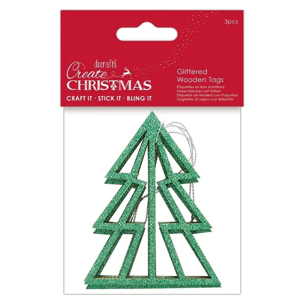 Glittered Wooden Decorations - Green Christmas Tree 3pcs (PMA 359926) - Printable Heaven