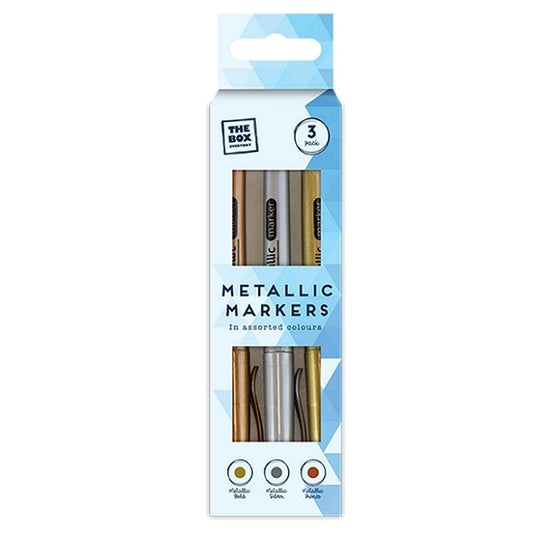 Printable Heaven Metallic Markers 3 Pack (STA6385) includes gold, silver, and copper pens in a blue and white geometric box. Each marker has a secure clip-on lid and a label with colored circles for each metallic shade.