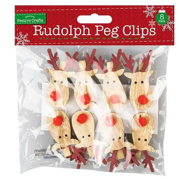 The Rudolph And Red Nose Clips 8 Pack (XMA4027) by Printable Heaven includes eight reindeer-shaped clips with red noses. Ideal for Christmas crafts, they feature brown antlers and black eyes.