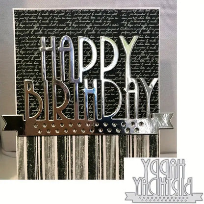A black and white card created with the Printable Heaven Happy Birthday Sentiment Cutting Die - Art Deco Lettering (1 PC) (W185), featuring metallic silver “HAPPY BIRTHDAY” text and decorative silver accents on a background of handwritten script and vertical stripes.