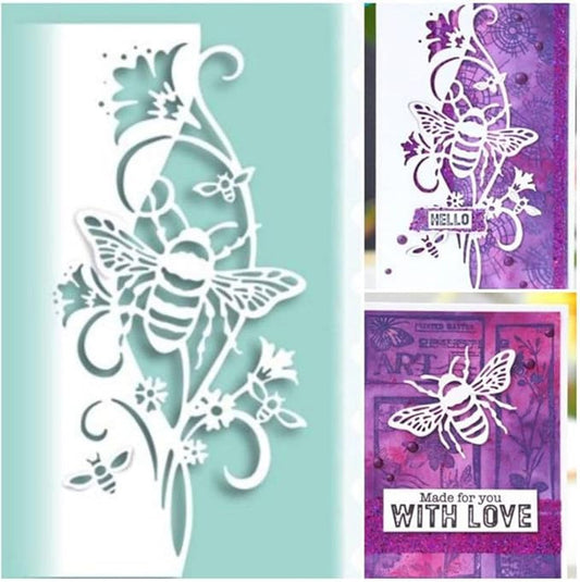 A die-cut bee and floral design, made using the Printable Heaven Bee Theme Cutting Die (1 PC) (B014) on white paper, is shown on the left. To the right are two greeting cards featuring this bee-themed die-cut embellishment on purple backgrounds—one card reads “HELLO” and the other “WITH LOVE.”.