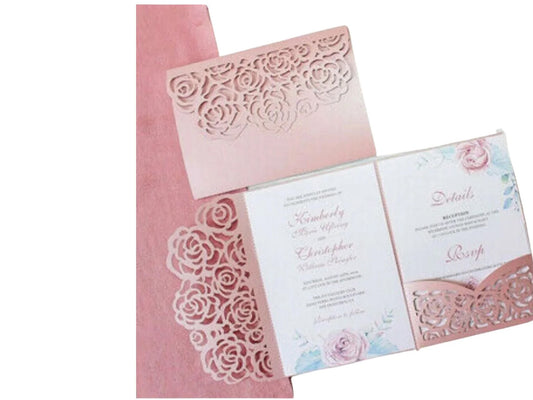 Introducing the Rose Border Cutting Die (1 PC) (B100) by Printable Heaven—a beautifully intricate wedding invitation set that showcases delicate rose designs and pastel watercolor flowers. Elegant calligraphy text is perfectly arranged on a soft pink background, enhanced by the exquisite laser-cut rose border detail.