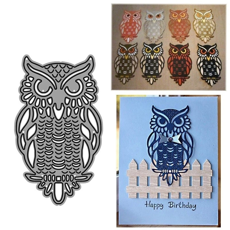Showcasing a multicolored die-cut owl, created with the Owl Cutting Die – Elegant Woodland Craft Die (1 PC) (A022) by Printable Heaven—ideal for card making and paper crafting—with one owl displayed on a blue Happy Birthday card above a wooden fence.
