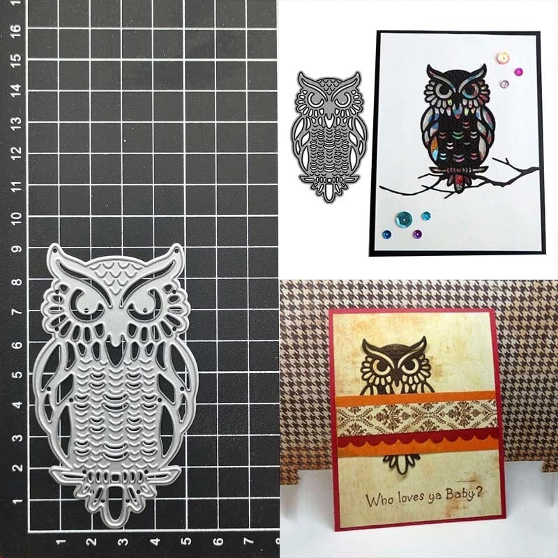 Showcased on a black grid, the Printable Heaven Owl Cutting Die – Elegant Woodland Craft Die (1 PC) (A022) is displayed next to two greeting cards featuring the same owl design—one perched on a tree branch and the other with “Who loves ya Baby?” text—making it ideal for card making and paper crafting projects.