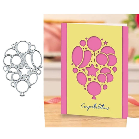 The Printable Heaven Balloon Cluster Cutting Die (1 PC) (D023) is shown next to a yellow and pink congratulatory card that features matching balloon cutouts and “Congratulations” at the bottom, making this die perfect for card making or scrapbooking projects.