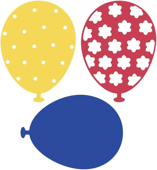 Three balloons—one yellow with white dots, one red with white flower shapes, and one solid blue—are featured in a clean, flat illustration set against a white background. Ideal for birthday cards or paper crafting projects, this vibrant design draws inspiration from the Printable Heaven Balloon Trio Cutting Die (3 PCS) (D039).
