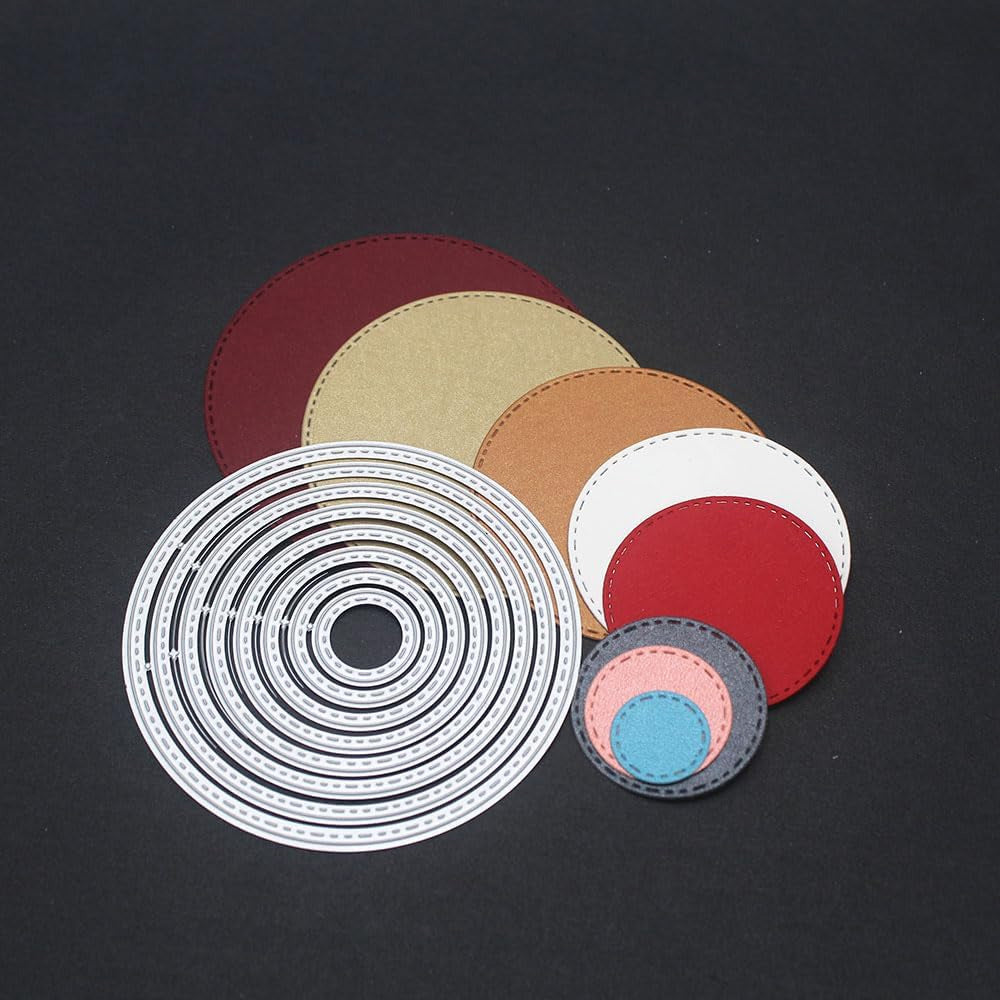 The Printable Heaven 8-Piece Stitched Edge Circle Cutting Die Set (D139) and several colored, round paper cutouts in assorted sizes, perfect for card making supplies, are arranged on a black background.