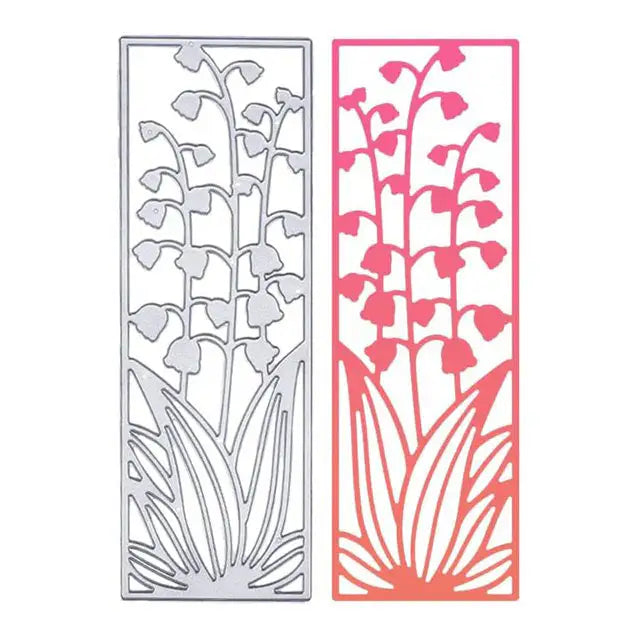 The Lily of the Valley Cutting Die Panel (1 PC) (DJ034) by Printable Heaven showcases a rectangular die-cut template featuring intricate stylized lily of the valley flowers and leaves. Perfect for papercraft supplies, this metallic silver cutting die highlights a delicate floral design ideal for creative projects.