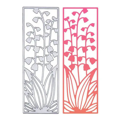 The Lily of the Valley Cutting Die Panel (1 PC) (DJ034) by Printable Heaven showcases a rectangular die-cut template featuring intricate stylized lily of the valley flowers and leaves. Perfect for papercraft supplies, this metallic silver cutting die highlights a delicate floral design ideal for creative projects.