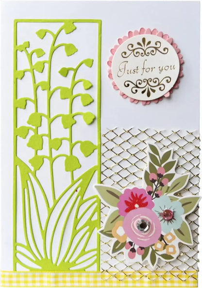 Greeting card featuring green die-cut flowers created with the Lily of the Valley Cutting Die Panel (1 PC) (DJ034) by Printable Heaven, a “Just for you” message on a pink scalloped circle, a vibrant floral sticker, gold mesh accents, and yellow-checkered ribbon at the bottom—perfect for showcasing your favorite papercraft supplies.