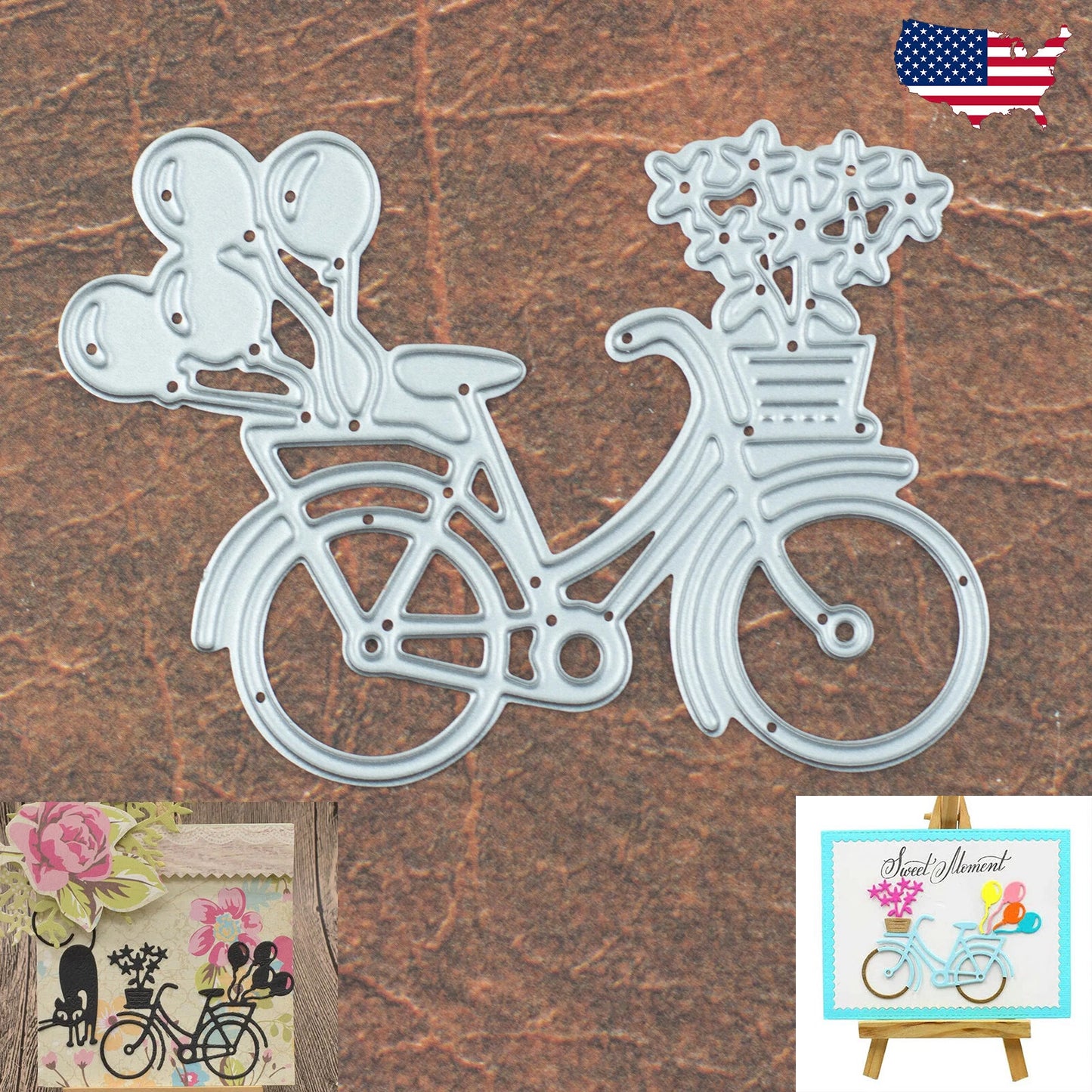The Printable Heaven “Bicycle with Balloons & Gifts Cutting Die (1 PC) (D104)” showcases a delightful silver metal bicycle adorned with charming balloons and gifts—ideal for paper crafting embellishments. Example inserts highlight the die’s use on decorated cards, while an American flag graphic appears at the top right against a textured brown background for added visual appeal.