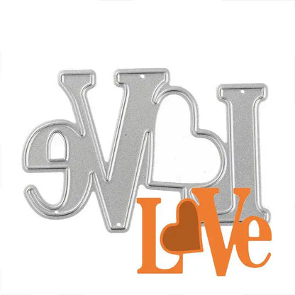 A silver LOVE Sentiment Cutting Die (1 PC) (W066) by Printable Heaven features the word “Love”—with a heart shape in place of the “o”—in reverse on the metal die, and includes an orange graphic spelling “Love” with the same design. Perfect for papercraft projects and handmade cards.