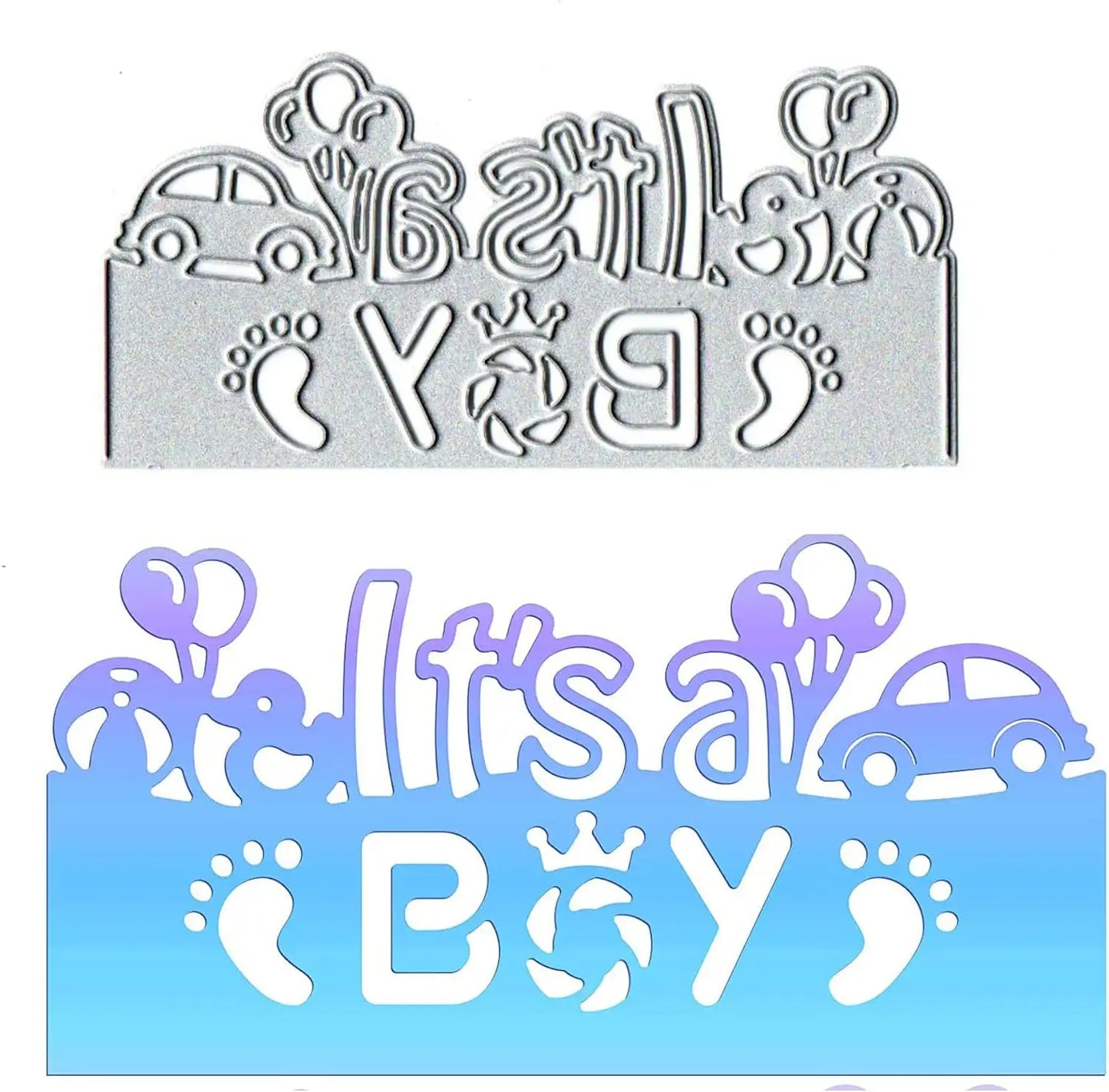 Celebrate in style with the Printable Heaven It’s a Boy Sentiment Cutting Die (1 PC) (W083), featuring a charming “It’s a BOY” design adorned with balloons, car, and baby footprints. The top is highlighted with elegant silver accents, while the lower portion displays beautiful blue and purple tones—perfect for adding a special touch to baby shower decorations or handmade cards. Make your celebration extra memorable with this delightful cutting die!.