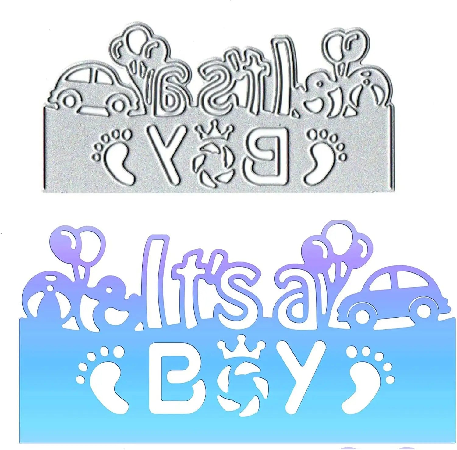 Celebrate in style with the Printable Heaven It’s a Boy Sentiment Cutting Die (1 PC) (W083), featuring a charming “It’s a BOY” design adorned with balloons, car, and baby footprints. The top is highlighted with elegant silver accents, while the lower portion displays beautiful blue and purple tones—perfect for adding a special touch to baby shower decorations or handmade cards. Make your celebration extra memorable with this delightful cutting die!.