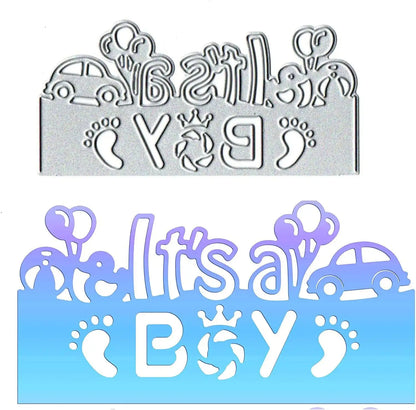 Celebrate in style with the Printable Heaven It’s a Boy Sentiment Cutting Die (1 PC) (W083), featuring a charming “It’s a BOY” design adorned with balloons, car, and baby footprints. The top is highlighted with elegant silver accents, while the lower portion displays beautiful blue and purple tones—perfect for adding a special touch to baby shower decorations or handmade cards. Make your celebration extra memorable with this delightful cutting die!.