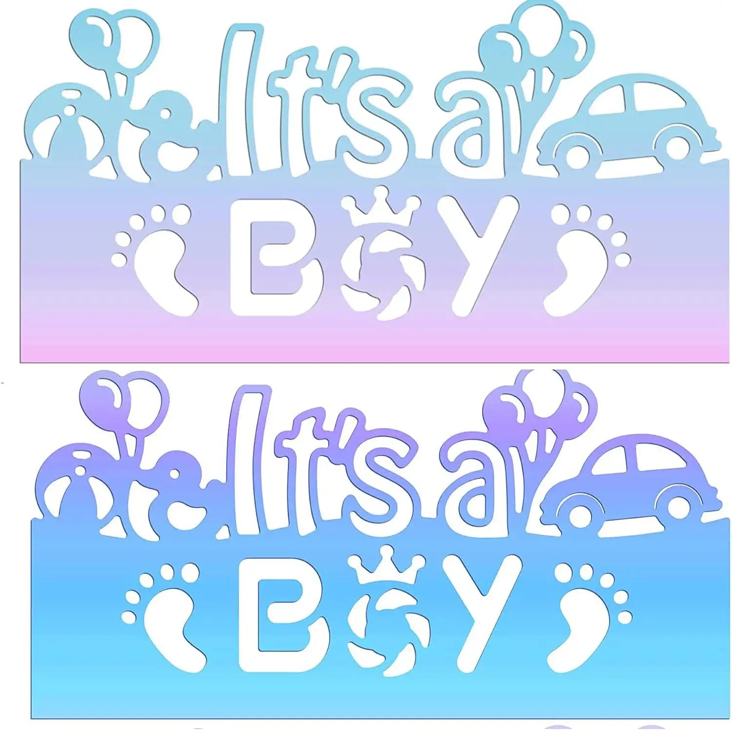 Celebrate a baby boy with these charming blue and purple gradient banners featuring footprints, balloons, and a car—perfect for baby showers or announcements. For even more creative possibilities, pair them with the Printable Heaven It’s a Boy Sentiment Cutting Die (1 PC) (W083) to craft adorable handmade cards or enhance your party decorations.