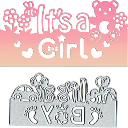 Top: Pink “It’s a Girl” sign with flowers, bear, and hearts—perfect for handmade cards or baby shower decorations—crafted with the It’s a Girl Sentiment Cutting Die (1 PC) (W082) by Printable Heaven. Bottom: Silver die-cut “It’s a Boy” design featuring a car, flowers, balloons, and adorable baby footprints.