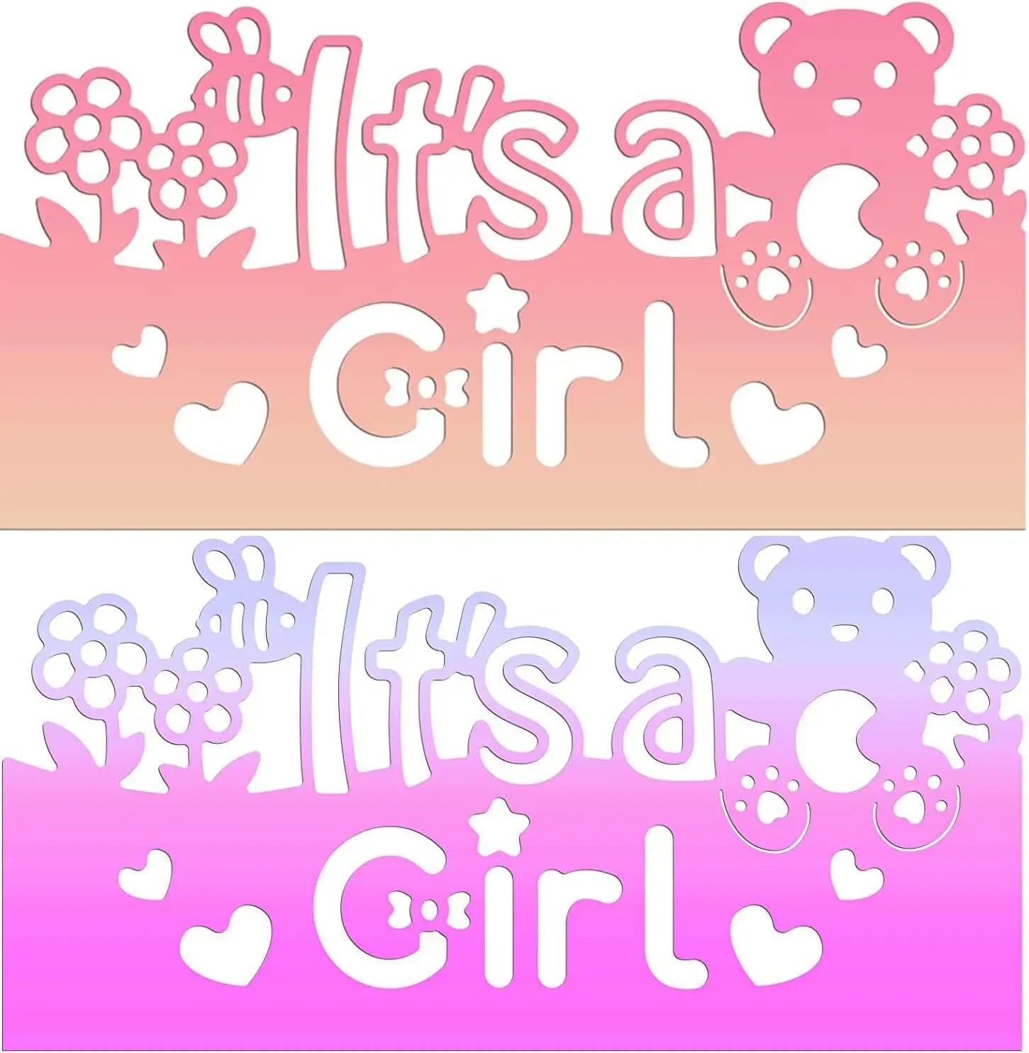 Add a touch of charm to your baby shower crafts with the Printable Heaven “It’s a Girl Sentiment Cutting Die” (1 PC, W082). This delightful cutting die lets you create playful cutout-style designs featuring the phrase “It’s a Girl,” adorned with flowers, hearts, a teddy bear, and a moon—just like decorative signs in soft pink-orange and pink-purple hues. Perfect for handmade cards or as standout baby shower decorations!.