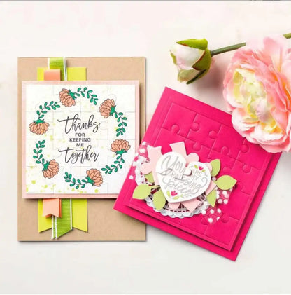 Two handmade greeting cards—one featuring floral and leaf motifs with the message “Thanks for keeping me together,” and another in pink adorned with a heart and flower—make an ideal gift for paper crafts enthusiasts. A pink and white artificial flower displayed beside the cards enhances their delightful appeal. The intricate artwork mirrors the precision of the Printable Heaven Jigsaw Puzzle Cutting Die (21 PCS) (T204), bringing a distinctive flair to your personalized puzzle collection.