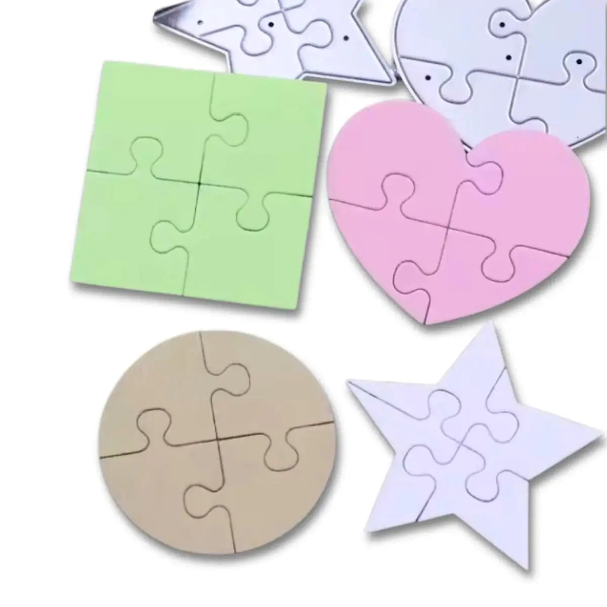 Sixteen charming mini four-piece jigsaw puzzles in a variety of shapes and colors—including a green square, a pink heart, a beige circle, and stars—are displayed on a white background. The Jigsaw Puzzle Collection Cutting Die (16 PCS) (T228) from Printable Heaven is an ideal addition to your papercraft supplies or can be paired with your favorite star-shaped die set for endless creative crafting possibilities.