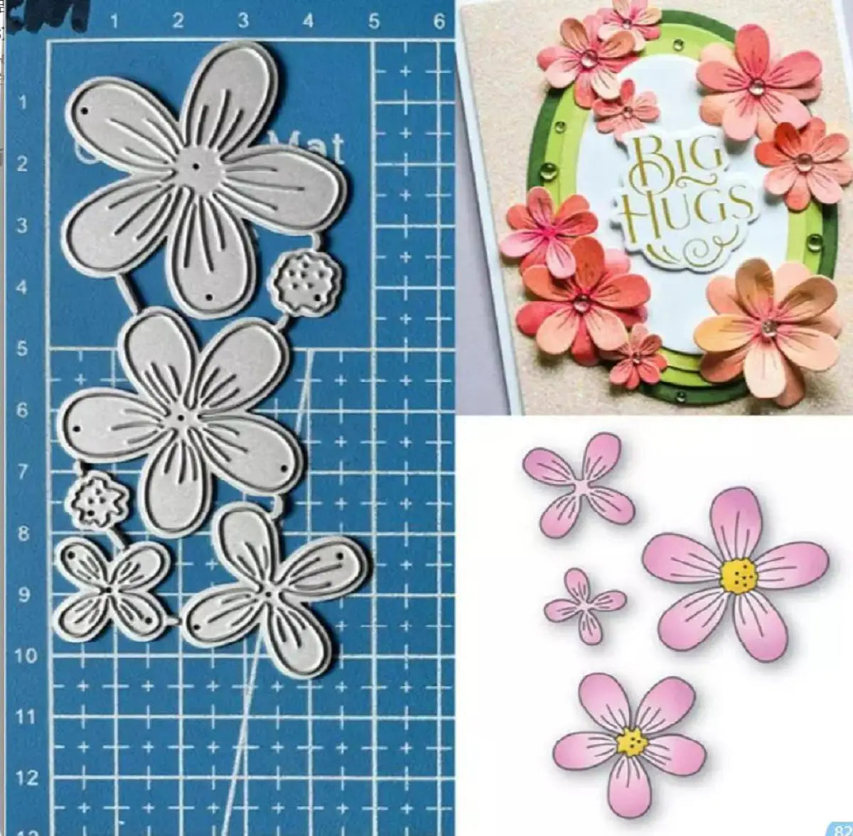 The Printable Heaven Four Flower Cutting Die Set (6 PCS) (DJ046) features metal dies displayed on a blue cutting mat, a card adorned with 3D pink flowers and “Big Hugs” text, plus pink flower cutouts with yellow centers arranged on a white background—ideal floral embellishments for all your paper crafting projects. This versatile die set adds depth and charm to handmade cards and creative crafts alike.