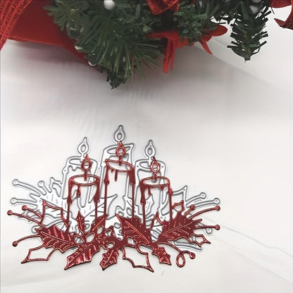 Add a festive touch to your holiday crafts or Christmas card making with the Printable Heaven Christmas Candle & Holly Cutting Die (1 PC) (D001)—a decorative metal die featuring three candles with holly leaves and berries, beautifully displayed on a white surface beneath an evergreen arrangement adorned with red ribbons.