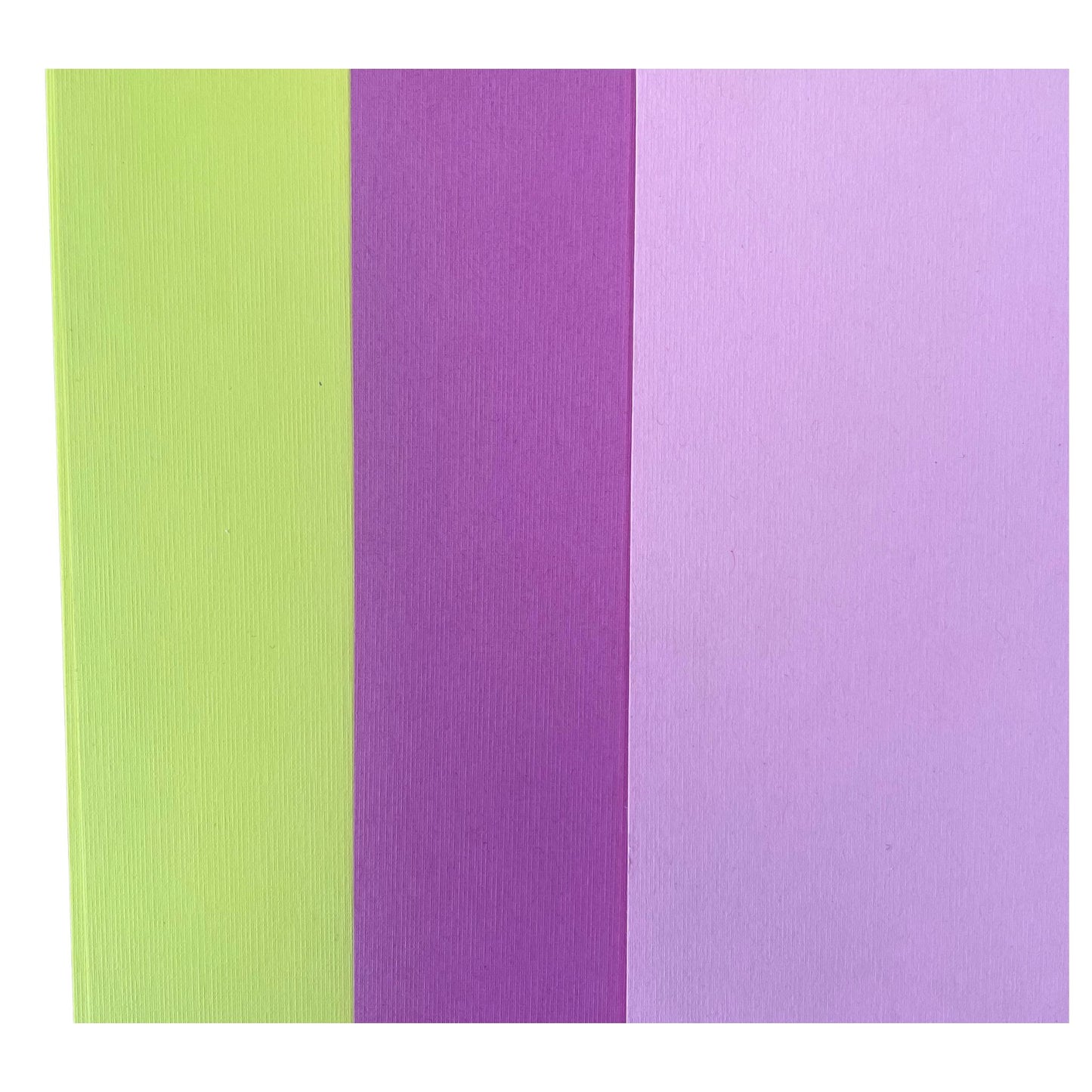 Three vertical panels of Printable Heaven’s Dovecraft 6x6 Lightly Textured Cardstock (DCPAP074) in green, purple, and light pink are arranged side by side with straight edges for a clean, colorful geometric look.