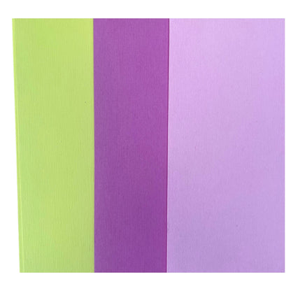 Three vertical panels of Printable Heaven’s Dovecraft 6x6 Lightly Textured Cardstock (DCPAP074) in green, purple, and light pink are arranged side by side with straight edges for a clean, colorful geometric look.