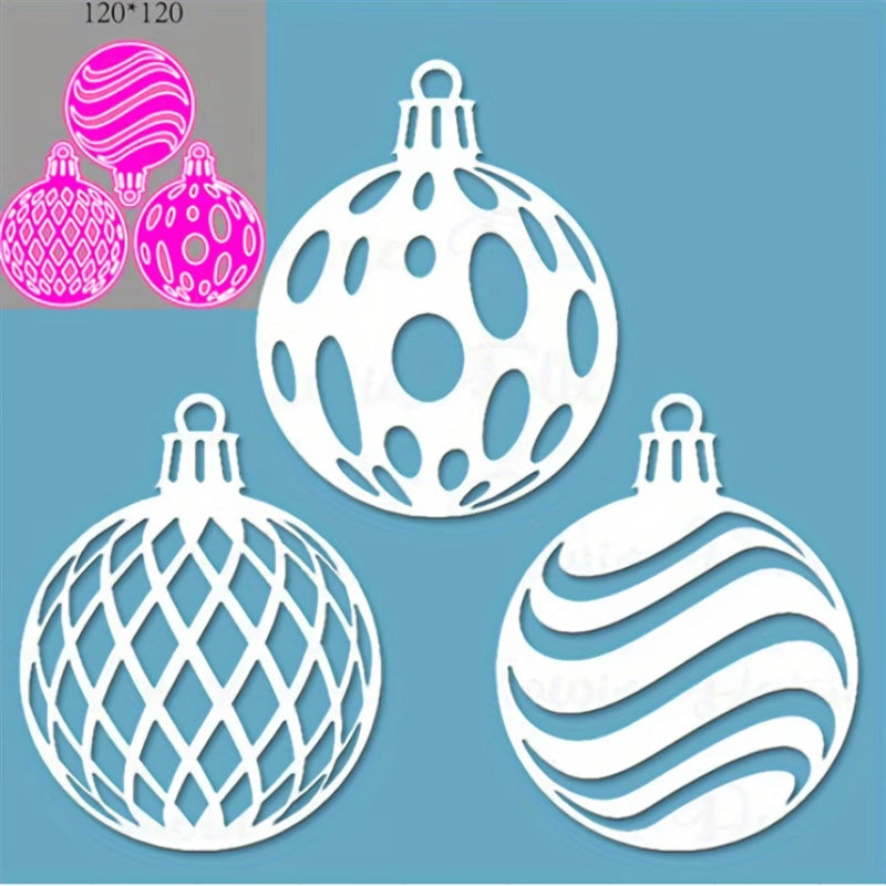 Three delicate ornaments crafted with the Filigree Baubles Cutting Die – Set of 3 (SP020) by Printable Heaven are displayed on a blue background, featuring a solid, a net-like, and a wavy stripe cutout design. Perfect for Christmas crafts and compatible with various dies, these elegant bauble shapes are also shown in pink in an inset for additional inspiration.