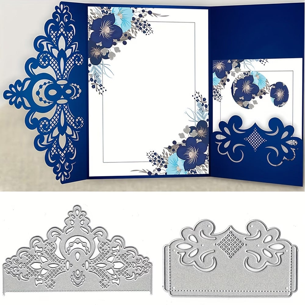 A decorative navy blue card with intricate cutout designs and floral patterns, shown open with the Printable Heaven Filigree Corner Cutting Die (1 PC) (B007) in silver displayed below—ideal for adding an elegant touch to your papercrafting projects.