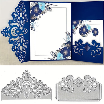 A decorative navy blue card with intricate cutout designs and floral patterns, shown open with the Printable Heaven Filigree Corner Cutting Die (1 PC) (B007) in silver displayed below—ideal for adding an elegant touch to your papercrafting projects.