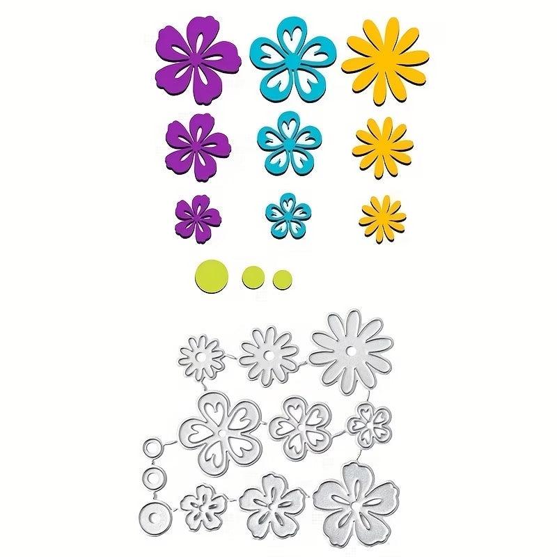 Bring your crafting projects to life with the Printable Heaven Flower Cutting Die Set (12 PCS) (F045)—featuring vibrant paper flower cutouts in purple, blue, and yellow, crafted with matching metal die templates and accented by small green circles. Arranged on a white background, this delightful set is perfect for paper crafting enthusiasts.