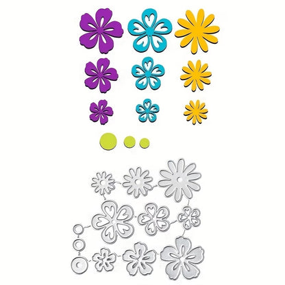 Bring your crafting projects to life with the Printable Heaven Flower Cutting Die Set (12 PCS) (F045)—featuring vibrant paper flower cutouts in purple, blue, and yellow, crafted with matching metal die templates and accented by small green circles. Arranged on a white background, this delightful set is perfect for paper crafting enthusiasts.