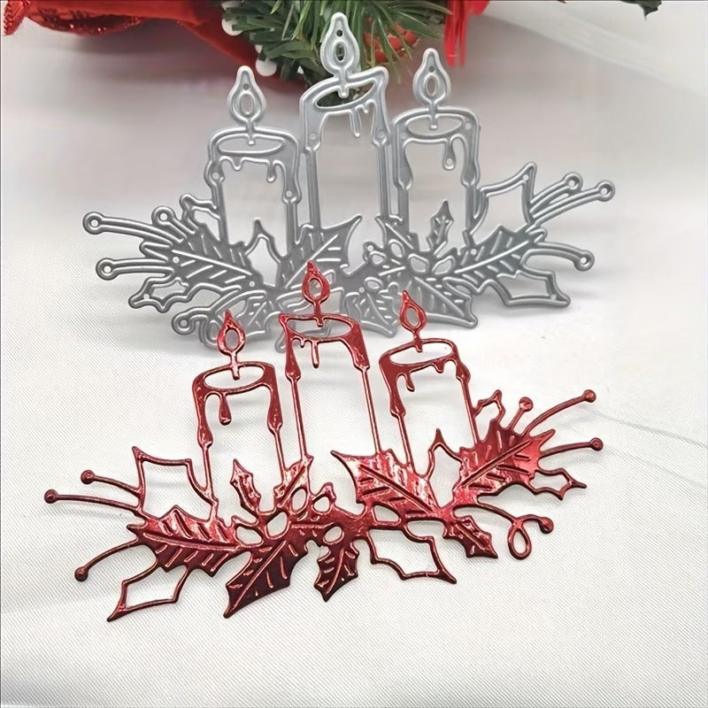 Add festive charm to your holiday crafts or Christmas cards with the Printable Heaven Christmas Candle & Holly Cutting Die (1 PC) (D001), which creates striking metal cutout decorations of three candles adorned with holly leaves and berries—ideal for displaying in silver or red on a white surface, accented by greenery in the background.
