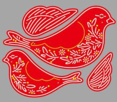 Bring your papercraft projects to life with the Decorative Bird Cutting Die Set – 3D Wing Design (4 PCS) (SP126) from Printable Heaven, featuring two charming red birds adorned with yellow and white floral motifs, along with two separate wings—all displayed on a gray background for eye-catching embellishment.