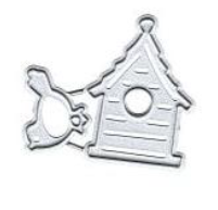 Introducing the Birdhouse and Little Bird Cutting Die (2 pcs) (A017) from Printable Heaven—a silver metal die set featuring a charming birdhouse with a circular entrance and an adorable little bird, perfect for card making or scrapbooking projects.