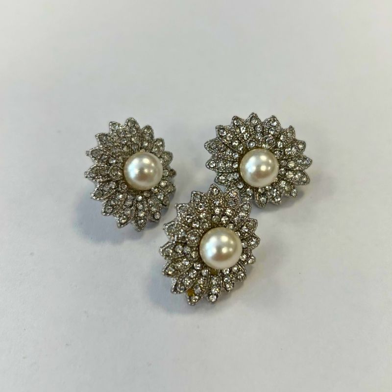 Three Printable Heaven Studded Pearl Flower Buttons in Silver, each featuring a circular silver-toned design with a central white pearl surrounded by two layers of clear rhinestones in a floral arrangement.