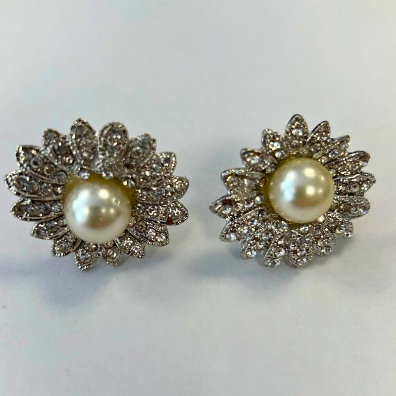 Two Large Studded Pearl Flower Buttons in Silver featuring a central faux pearl surrounded by clear crystals in a silver-tone setting.
