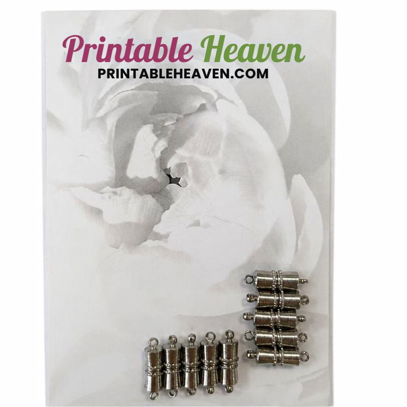 Ten Silver Cylindrical Magnetic Jewellery Clasps from Printable Heaven arranged on a branded display card.
