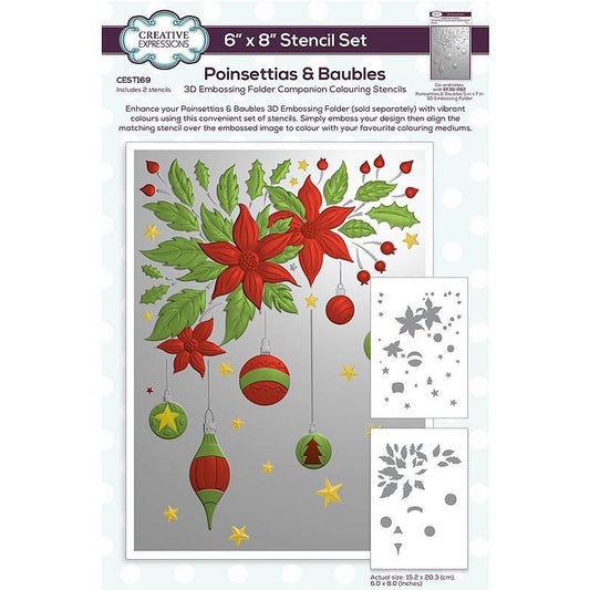 Creative Expressions Poinsettias & Baubles Companion Colouring Stencil 6 in x 8 in Set of 2 (CEST169)