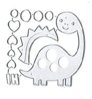 Introducing the Cute Dinosaur Card Cutting Die – Layered Craft Die Set (11 PCS) (A212) by Printable Heaven: This set features an outline of a smiling dinosaur with circular cutouts, heart accents, and zigzag tail details—perfect for scrapbooking or card making. Includes extra heart and circle stencils on the side, making it the ideal dinosaur cutting die set for creative projects.