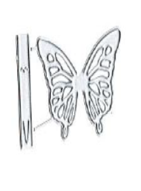 The Delicate Butterfly Cutting Die (2 PCS) (A188) from Printable Heaven features a line drawing of a butterfly next to a vertical stick, with intricately cut-out patterns on its wings and two small loops at the bottom—perfect for card making or paper crafting projects.
