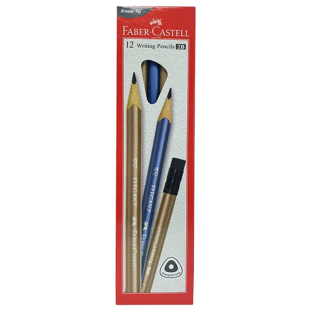 A red box of Printable Heaven Faber-Castell TriGraphite Eleganz 2B Pencils (12 Pack & Eraser Tip) contains 12 break-resistant, triangular-shaped pencils designed for reliable everyday writing. The packaging features a window displaying three pencils—two gold and one blue—with eraser tips clearly visible.
