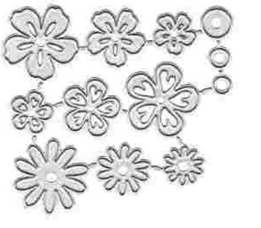 A variety of outlined flower shapes in different sizes and styles—including five-petal, heart-petal, and daisy-like designs—are arranged in three rows with small circles alongside each group, making the Printable Heaven Flower Cutting Die Set (12 PCS) (F045) ideal for paper crafting projects.