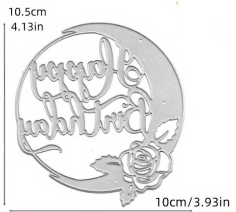 Here is a rewritten version of the sentence using the provided product data: The Printable Heaven Happy Birthday Sentiment Cutting Die (1 PC) (DJ022) features an elegant script “Happy Birthday” design with a rose accent at the bottom right, measuring 10.5cm x 10cm (4.13in x 3.93in). Ideal for handmade paper crafts and birthday card making, this metal die presents the text in reverse to allow for versatile creative use.