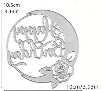 Here is a rewritten version of the sentence using the provided product data: The Printable Heaven Happy Birthday Sentiment Cutting Die (1 PC) (DJ022) features an elegant script “Happy Birthday” design with a rose accent at the bottom right, measuring 10.5cm x 10cm (4.13in x 3.93in). Ideal for handmade paper crafts and birthday card making, this metal die presents the text in reverse to allow for versatile creative use.