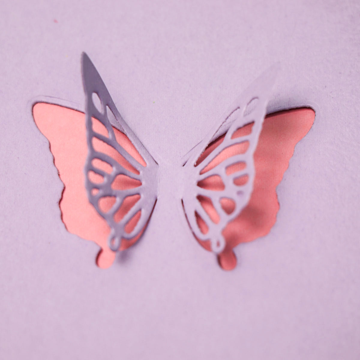 A butterfly cut from the Printable Heaven Delicate Butterfly Cutting Die (2 PCS) (A188) is partially raised from a pink surface, unveiling a deeper pink layer beneath—an ideal way to add beautiful dimension to your paper crafting creations.