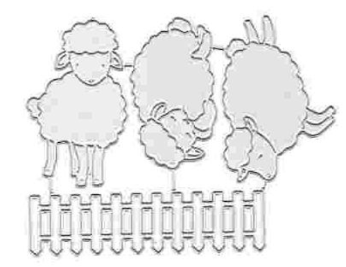 Three cartoon sheep stand above a simple picket fence, illustrated in a minimal, outlined style with no color or background detail—the perfect inspiration for your next Easter crafts or card making project using the Printable Heaven Trio of Little Lambs with Picket Fence Border cutting die set (4pcs) (A063).