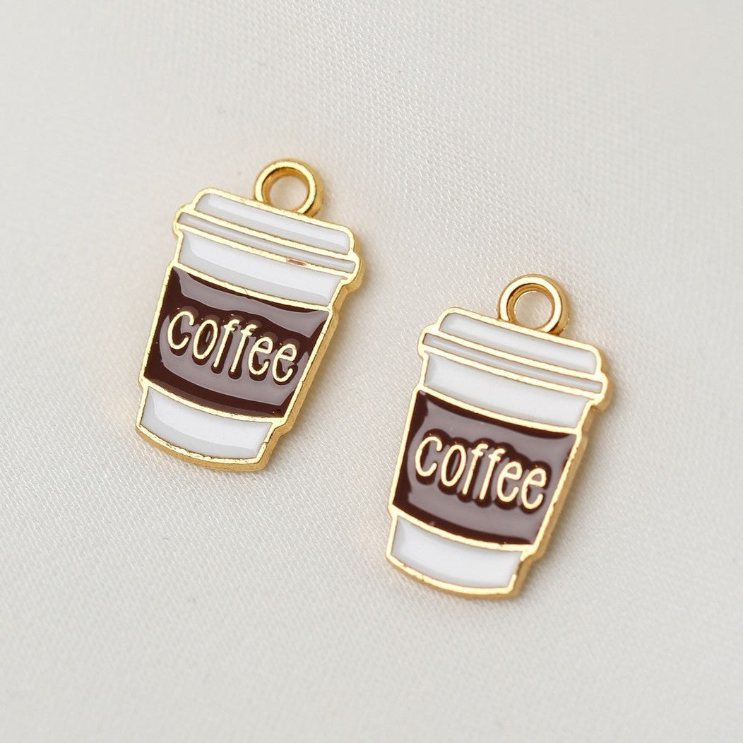 Coffee Cup Metal Charms (3pcs) (MLB-080) consisting of two gold-toned metal charms shaped like coffee cups with white lids and brown sleeves labeled Coffee.